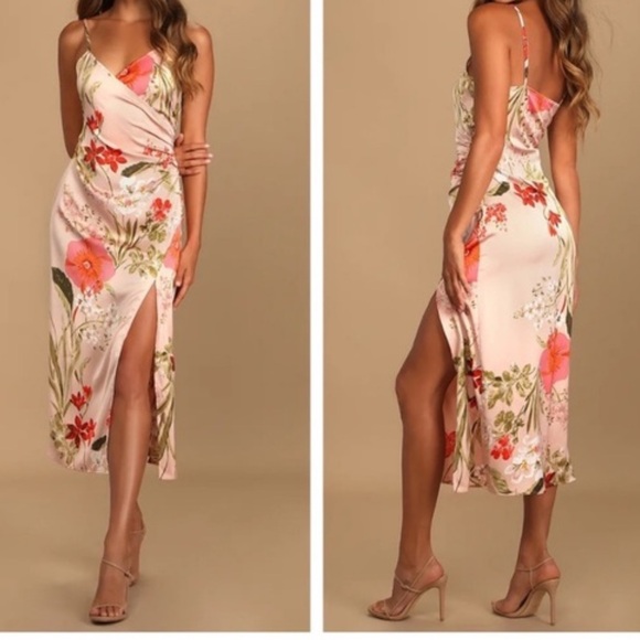 If By Sea Dresses & Skirts - Floral Pink Slip Midi Dress with Side Slit